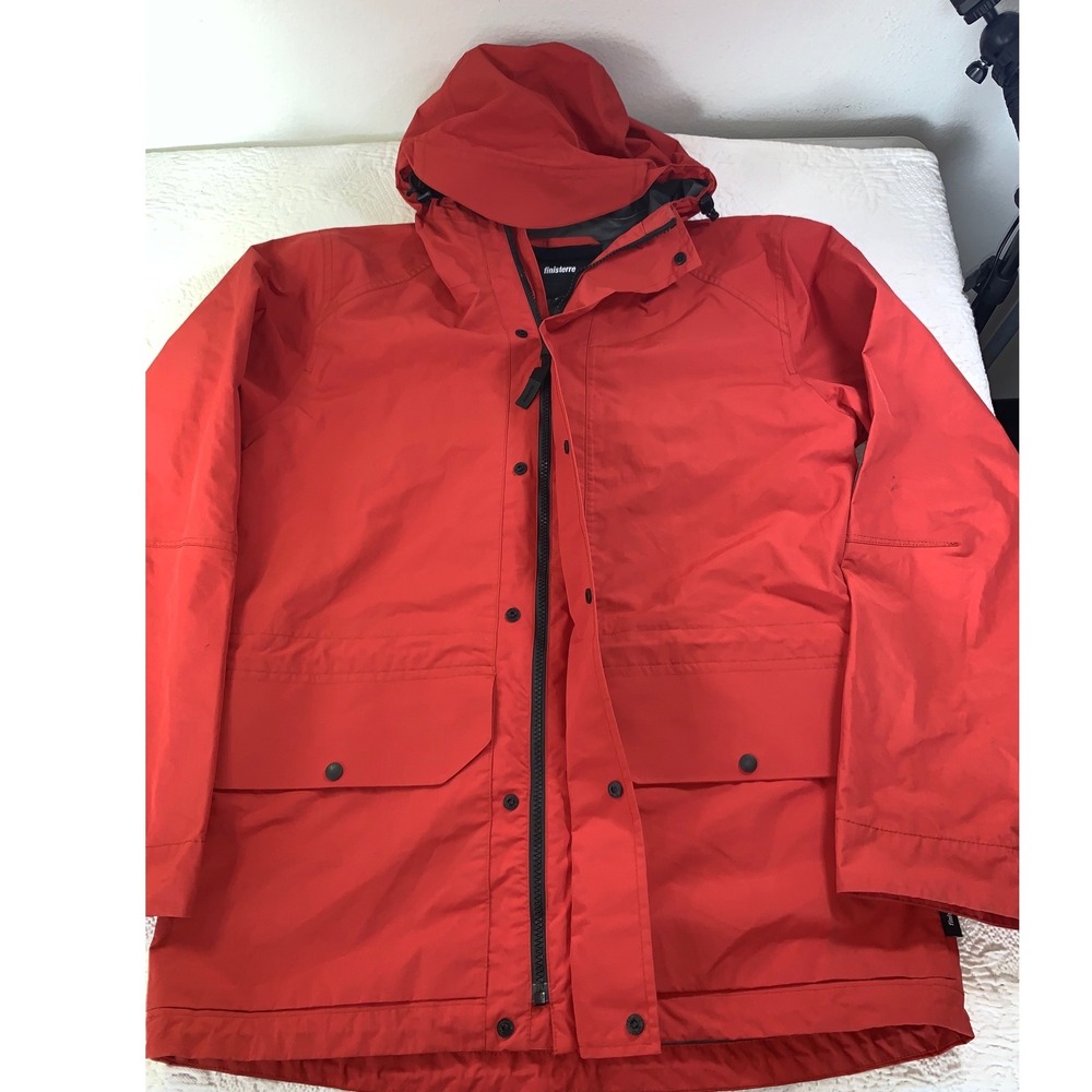 Finisterre Mens Waterproof Rain Jacket Red Hooded Full Zip Outdoor Coat Size M